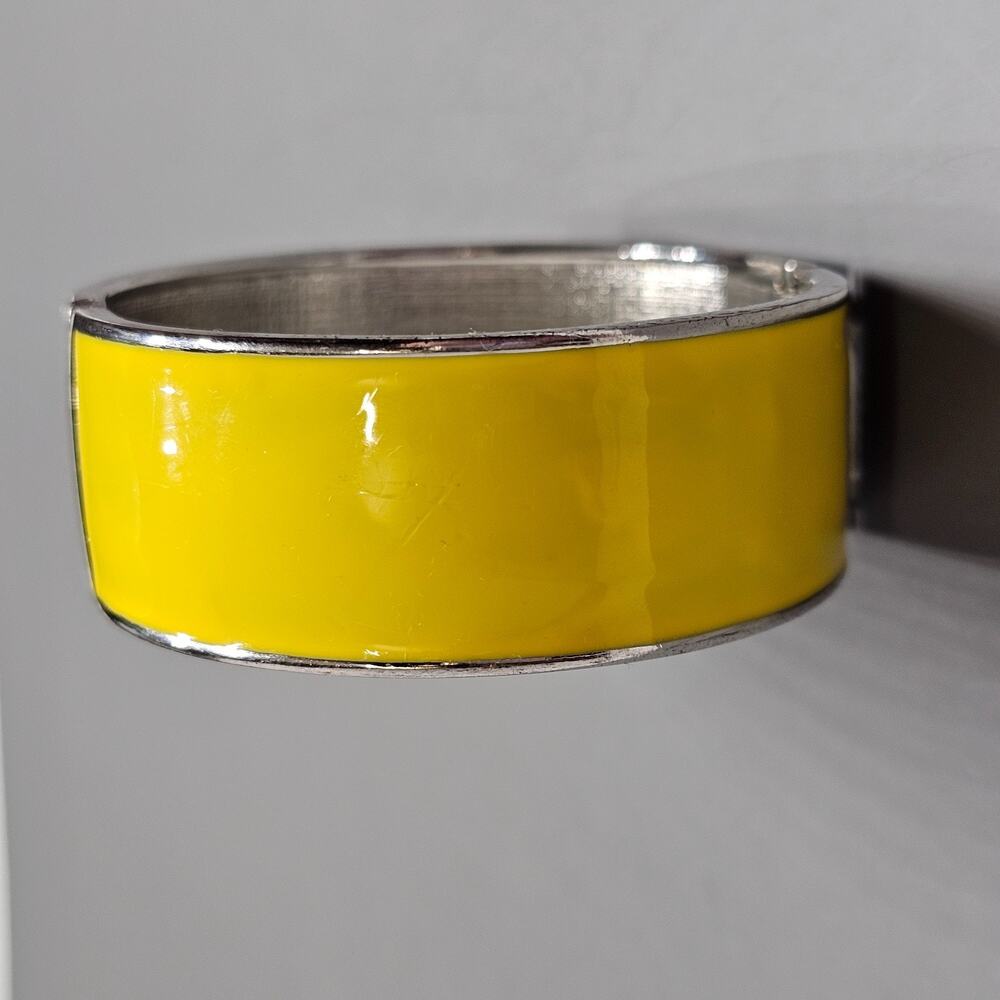 Lemon Sunshine Yellow Enamel Bangle Wide Cuff Bracelet Hinged Clamper Mod Vtg